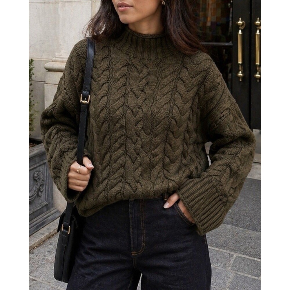 J Crew 2025 Rollneck Cable Knit Sweater Womens XL Woodland Brush Green Cotton - Picture 8 of 9
